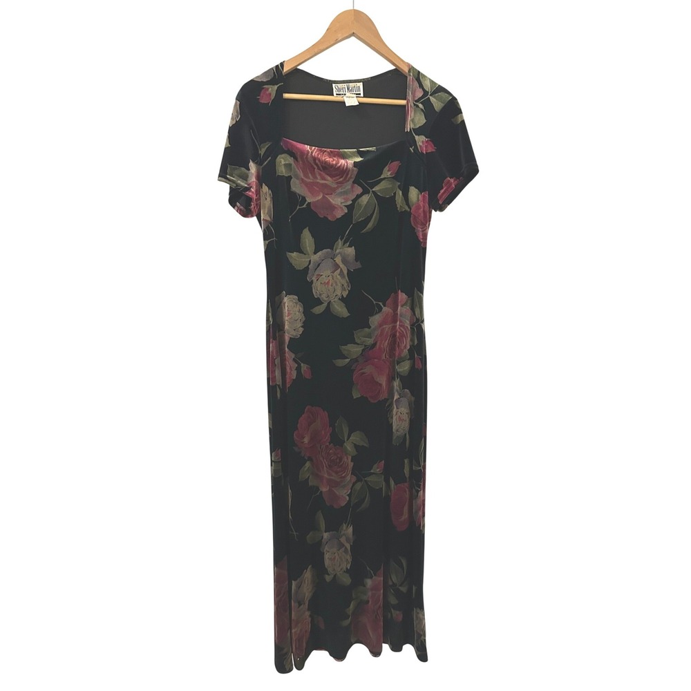 Sheri Martin Vintage Velvet Floral Maxi Dress Black Pink Rose Square Neck Sz 12